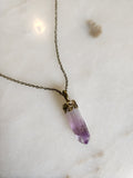 Dainty Brazilian Amethyst Point + oak leaves necklace