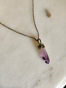 Dainty Brazilian Amethyst Point + oak leaves necklace