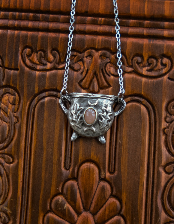 The Oak Cauldron Necklace- Pewter- Peach Moonstone
