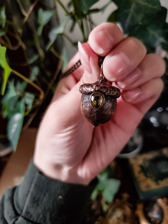 Acorn & Fehu Rune - Bronze necklace- citrine