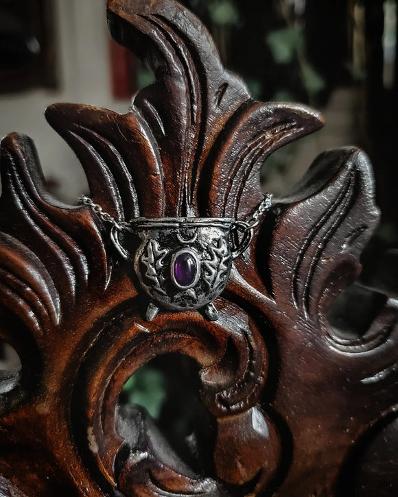 The Oak Cauldron Necklace- Pewter- Purple amethyst
